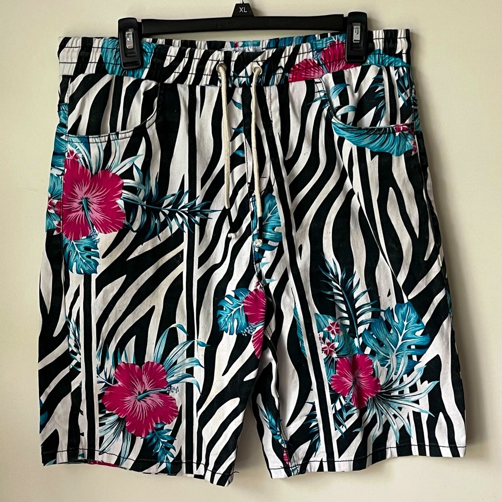 Fresh Prints of Bel-Air Drill Clothing Company tropical & zebra swim shorts; L